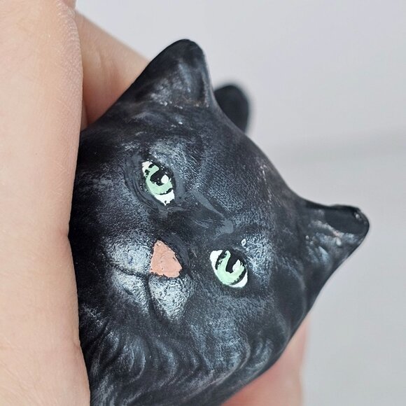 Vintage Black Cat Figurine Signed Cindy Hand Painted Green Eyes *Flaws* - Picture 9 of 10